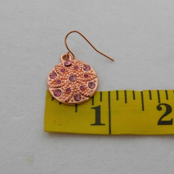 Handmade Earrings Round Sand Dollar Rose Gold Tone Purple Rhinestones 3/4" Dia. - Picture 3 of 3